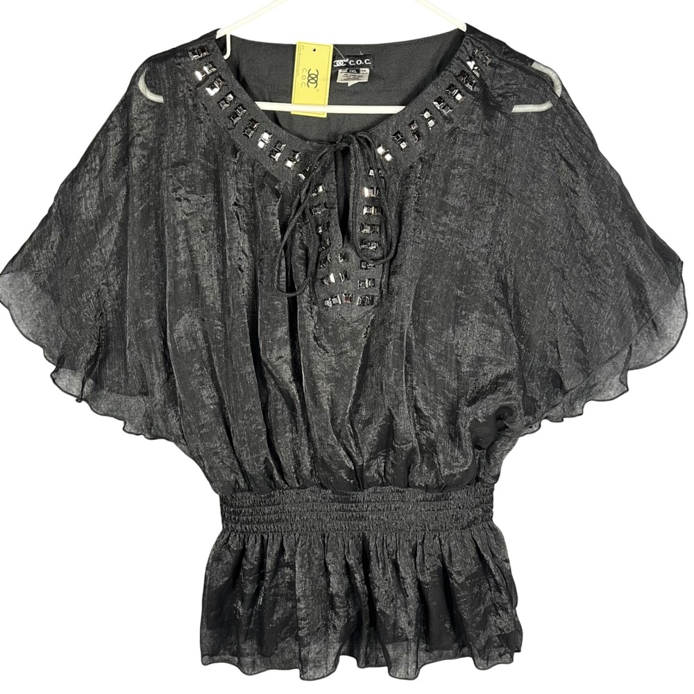 C.O.C.‎ Blouse Womens 1XL Black Studded Peplum Metallic Shimmer TN-258